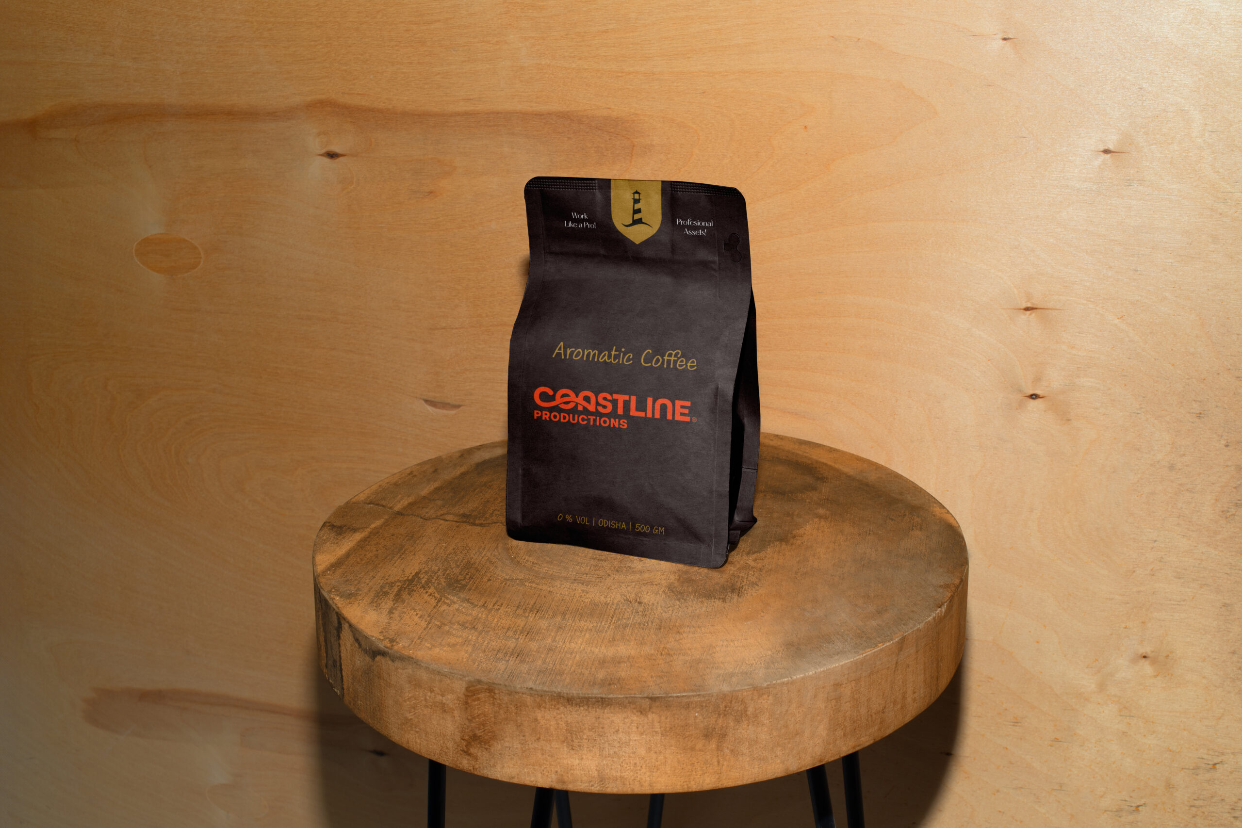 Free Paper Coffee Bag on Wooden Stool Mockup copy